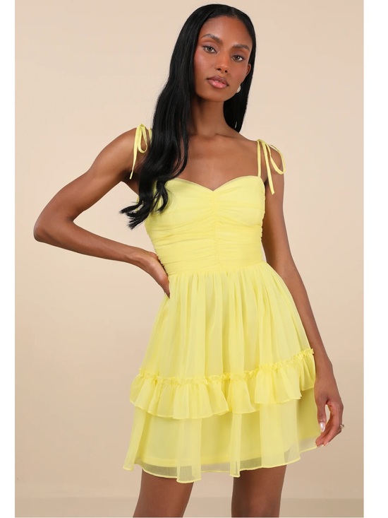 Lulus Dresses & Skirts - Lulus Angelic Approach Yellow Chiffon Ruffled Tiered Tie-Strap Mini Dress Small